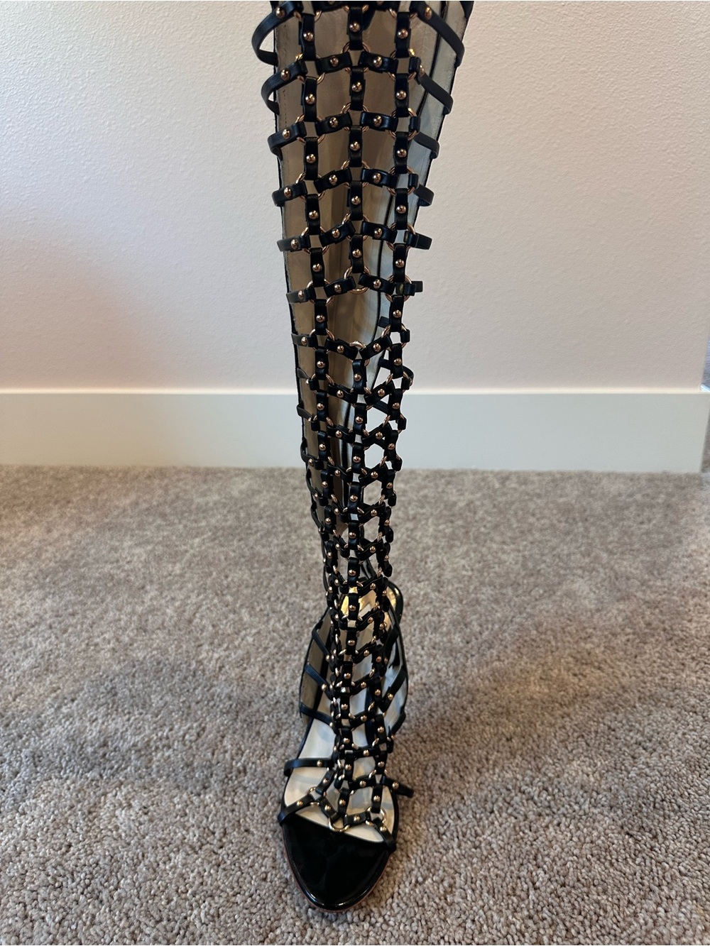 Sophia Webster Black Open Lattice Gold Studded Over-the-Knee Stiletto Boots - Picture 2 of 11